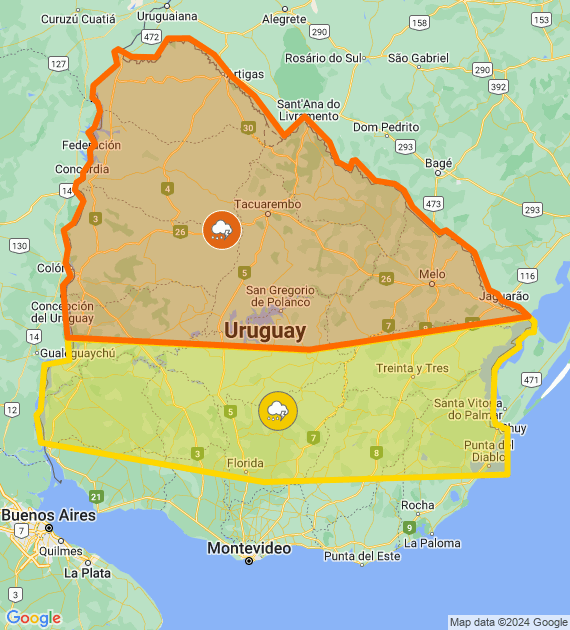 Doble alerta por lluvias copiosas en varios departamentos.