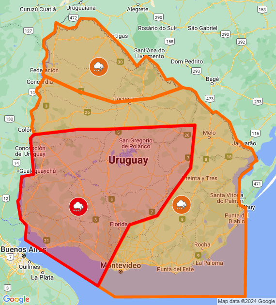 ADVERTENCIA ROJA , TORMENTAS SEVERAS Y FUERTES SEGUN INUMET
